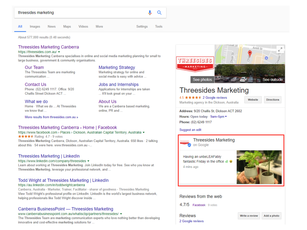 Google Post from Google My Business on web search