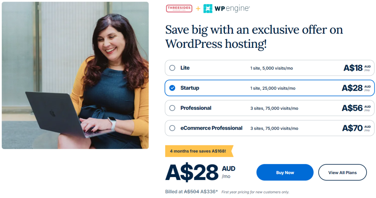 Screenshot of WP Engine sign-up page showcasing the Startup plan.