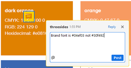Comment on a brand guideline document. Comment reads "Brand font is #04ef03 not #30f492"