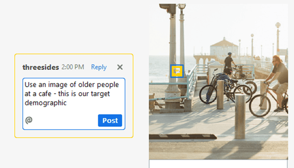 Image showing PDF comment for an image within a website mockup. 
Comment reads "Use an image of older people at a cafe - this is our target demographic."